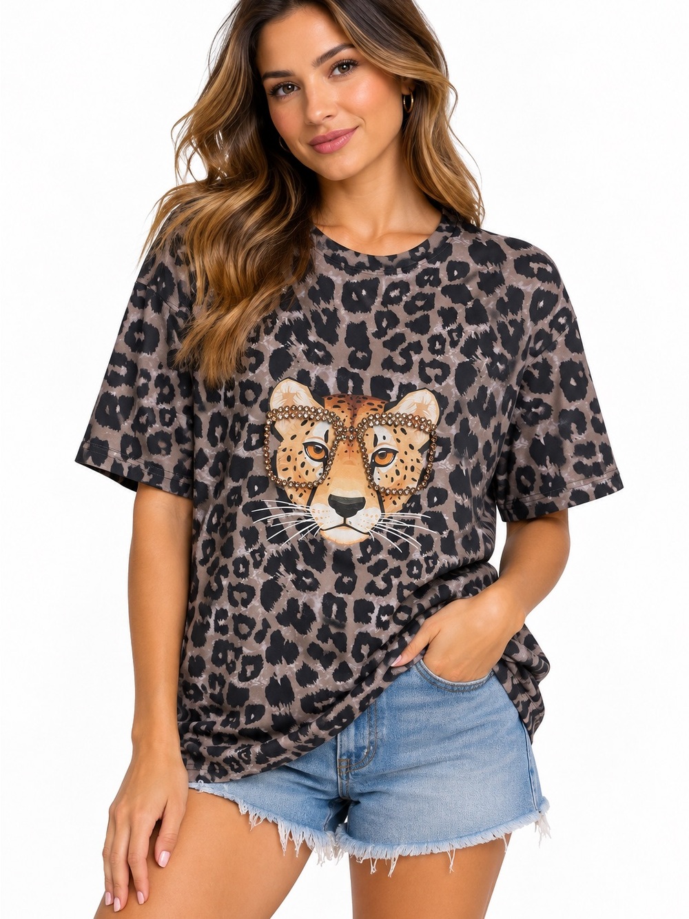 Anewsta Leopard Print Rhinestone Cheetah Graphic T-Shirt Size S